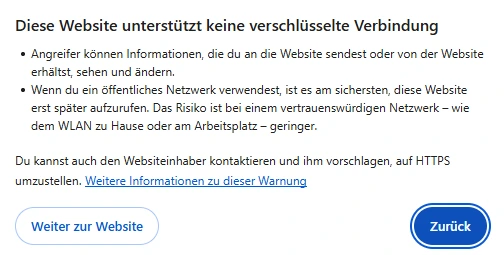 Warnung eines Browsers bei einer Seite ohne HTTPS Browser-Warnung "Diese Website unterstützt keine verschlüsselte Verbindung"
